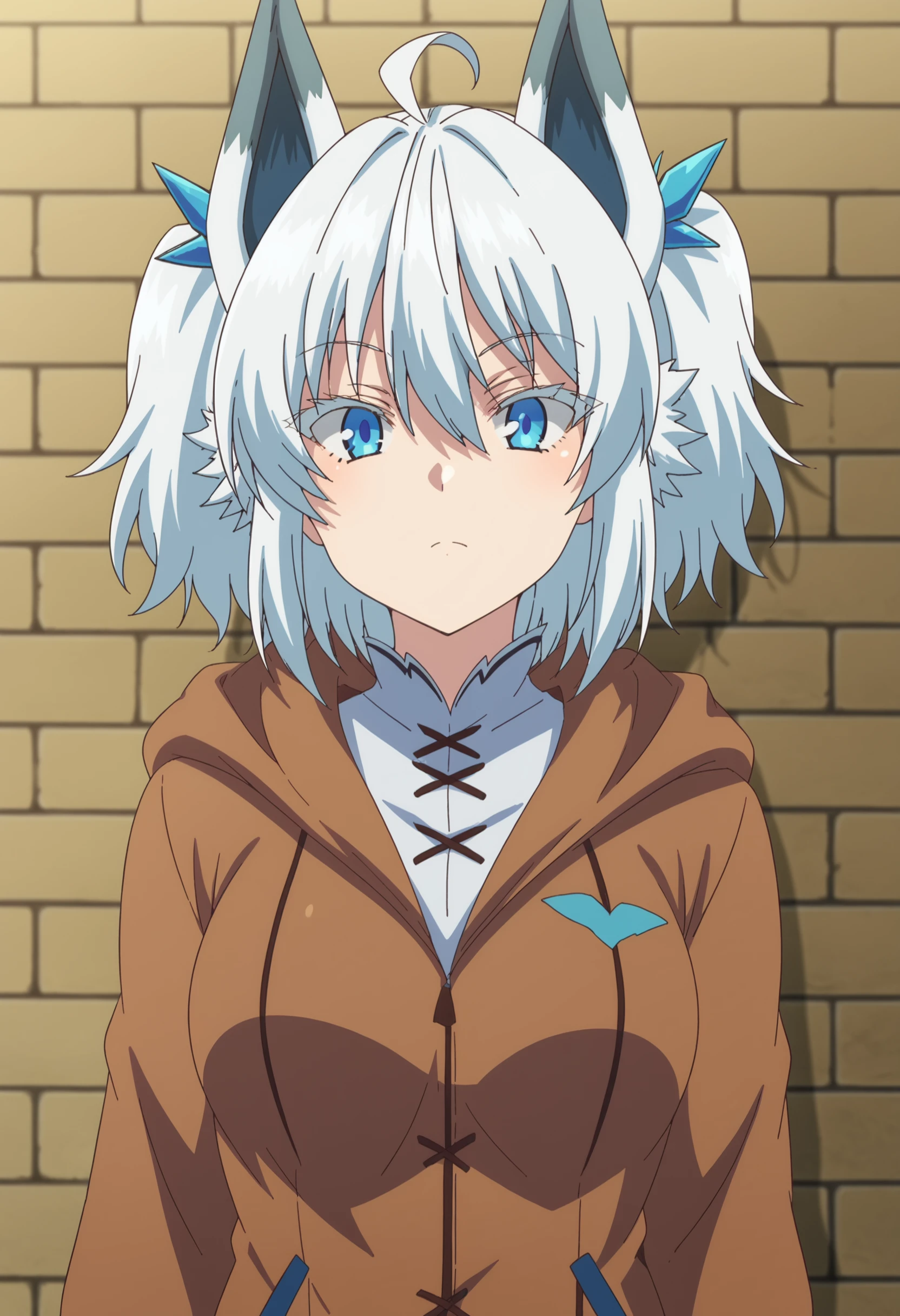 EBSetsuna, 1girl, solo, looking at viewer, blue eyes, hair ornament, animal ears, hair between eyes, jacket, upper body, ahoge, white hair, hood, fox ears, brick wall, anime coloring, medium breasts, thick thighs, brown jacket, 
 <lora:Setsuna:1> <lora:xl_more_art-full_v1:0.8>