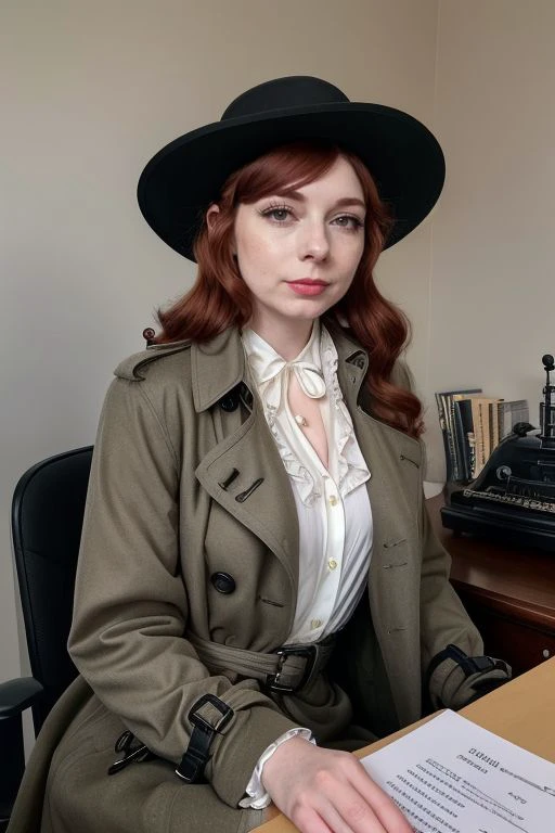 DEN_elefire_grey,
(a 1940s private investigator wearing a trench coat and rimmed hat sitting in a drab dank office at the desk using a typewriter, private investigator, 1940s:1.2),
bokeh, f1.4, 40mm, photorealistic, raw, 8k, textured skin, skin pores, intricate details <lora:epi_noiseoffset2:1>, epiCRealism