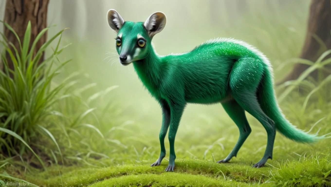 <lora:artfullyEGRAZER_SDXL_V1:1>,  emerald grazer, These herbivores are a medium sized mammal, they sparkle at the tips of the fur where the dew collects in the early mornings