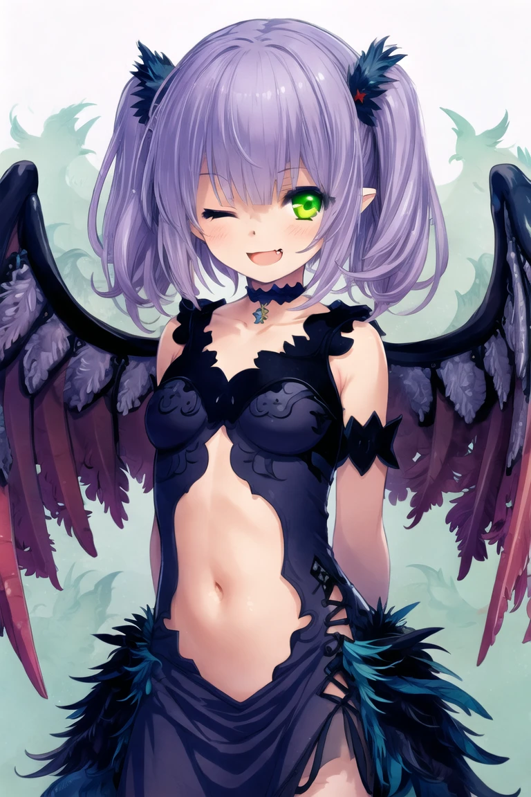 1girl,solo,winged arms,wings,monster girl,one eye closed,purple hair,harpy,skirt,green eyes,pointy ears,feathers,twintails,open mouth,white background,choker,simple background,navel,fang,smile,blush,feathered wings,