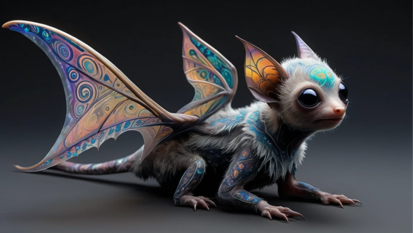 <lora:artfullySGLIDER_SDXL_V1:1>, Skybound Glider: A small, bat-like mammal with membranous wings that are semi-transparent and adorned with vibrant patterns. Its body is covered in soft, iridescent fur that changes color with its emotions. It emits a melodic call that resonates through the alien forests.