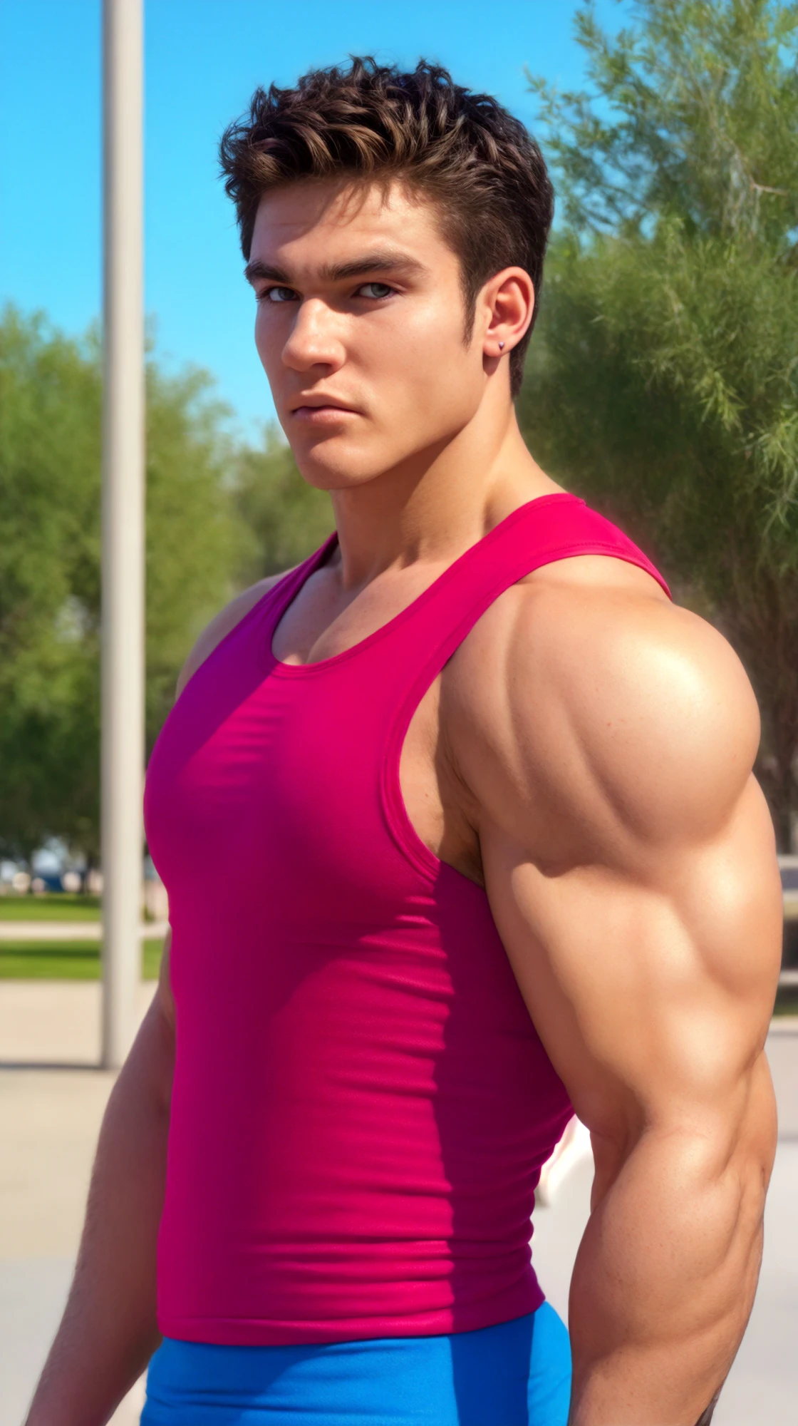 (face focus). (masculine:1.3), large strong physique:1.0, at outdoor sunny park, (muscular man wearing tight tank top:1.2), sexy pose:1.0, styled hair, confident, handsome, (((masterpiece))), (((best quality))), male, athletic, looking at viewer, (short hair), lower color saturation:1, lower contract color:1,  <lora:JasonRedRanger (1):1> JasonRedRanger