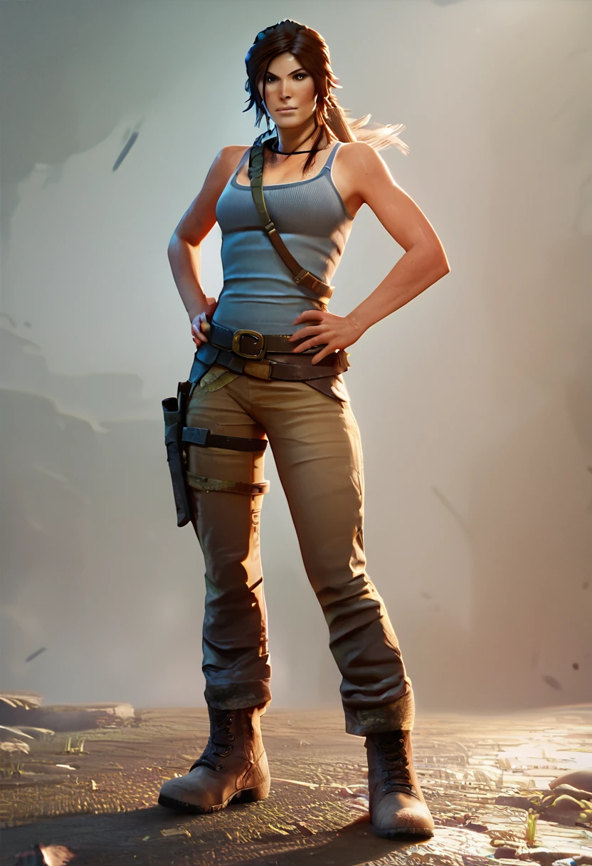 score_9, score_8_up, score_7_up, score_6_up, score_5_up, score_4_up, lara croft, full body, hands on hips, looking at viewer, light blue tank top, brown pants, boots, belt, holster <lora:LaraCroft:1>