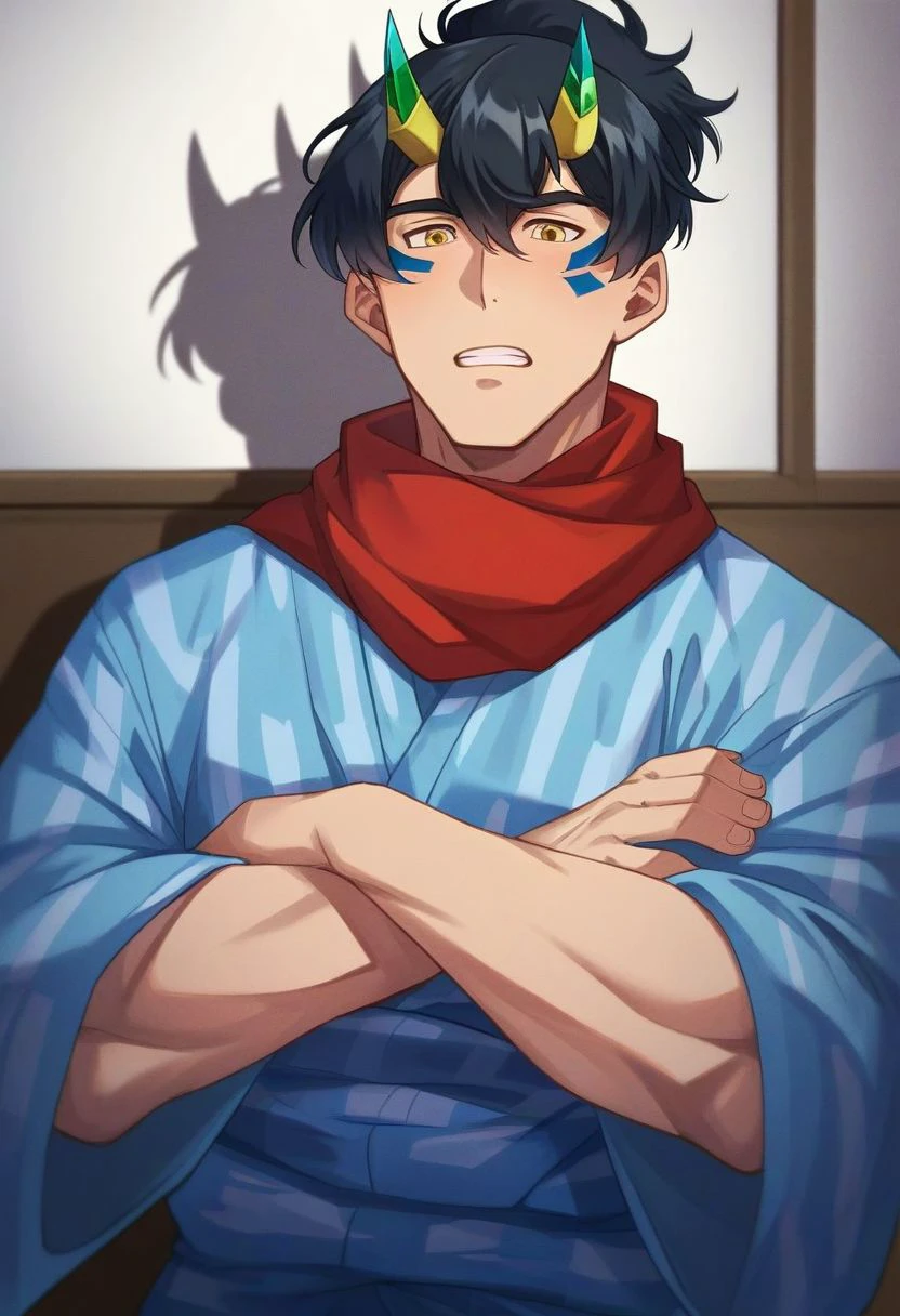 score_9, score_8_up, score_7_up, score_6_up, perfect anatomy, perfect proportions, best quality, masterpiece, high_resolution, high quality, (solo male), SuperbiaHM, Superbia \(Brave Bang Bravern\), personification, humanization, gijinka, black hair, ponytail, bangs, yellow eyes, perfect eyes, BREAK facial mark, mecha horns, tiny horns, (japanese clothes, blue yukata, balck scarf), adult, mature, masculine, manly, handsome, charming, alluring, arrogant, unhappy, clenched teeth, standing, upper body, dutch angle, crossed arms, cowboy