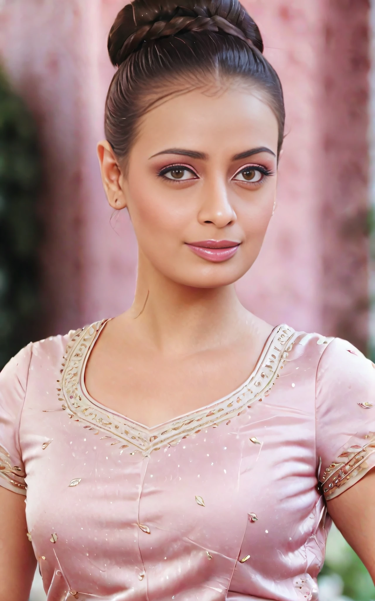 upper body photo of dia mirza woman, solo, wearing conservative intricate Rose Quartz colored clothing, hair in bun, , looking at the camera, background bokeh  <lora:Dia_Mirza_SDXL_LoRA_adafactor:1>