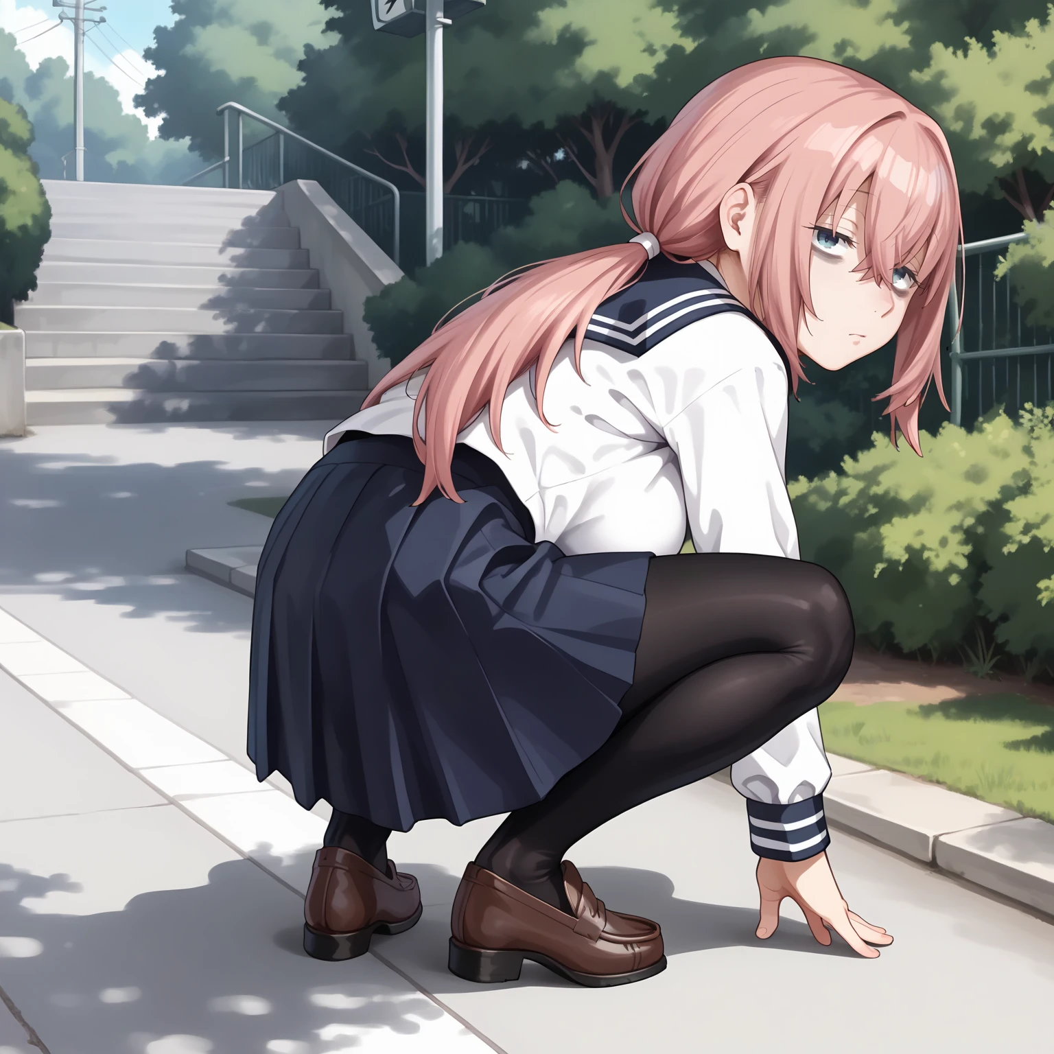 2d, masterpeice, best quality, anime, highly detailed, cowboy shot, 1girl, school uniform, black shoes, blue tip, white socks, blazer, brown sweater, collared shirt, neck ribbon, blue skirt, peeing herself, peeing, peeing self, very desperate to pee, at a train station, full face blush, sad, crying, flustered, pubic hair, spread legs, panties, black stockings brown boots ruffled panties, peeing, peeing self, peeing, peeing self, pee puddle, puddle of her own urine is forming around her feet, holding small briefcase, long dress, petticoat, stained skirt, stained socks