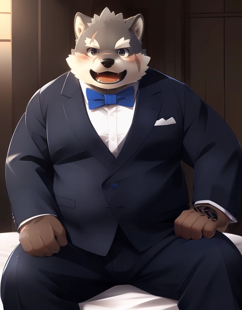 (((detailed eyes, detailed face))), (furry, moritaka <lora:character_moritaka_findigo_v2:1>, two-tone fur, dog boy, snout, black eyes, scar, tattoo on hand), male, (solo), (plump, fat, chubby, overweight), (black suit, long sleeves, blue bowtie, black pants), sitting, (arms behind back), smile, (front view) BREAK (konzaburou, ukan_muri), bedroom, (flat shading, high brightness), 8k, UHD, masterpiece, (full body), (scar on face, scar on cheek, scar on chest, scar on arm, scar on nose)