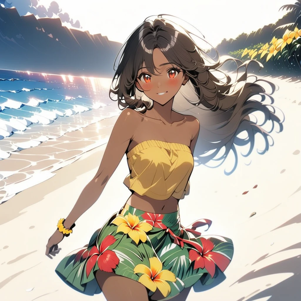 a beautiful (((black haired girl,))) very long messy hair, beautiful detailed deep brown eyes, (((brown skin))), tan skin, (hawaiian), cute and beautiful face, relaxed smile, medium breasts, hawaiian clothes, tropical print cropped yellow cotton (sleeveless strapless off shoulde:1.7)r top, flowing red flower print sarong skirt, barefoot, toned midriff, red tropical flower in her hair, brown rope bracelet, yellow flower lei, full body view, colorful, (masterpiece:1.2), (best quality:1.2), ultra-detailed, best shadow, detailed background, high contrast, (best illumination, an extremely delicate and beautiful), ((cinematic light)), hyper detail, dramatic light, intricate details, 8k, anime, very aesthetic,dancing in the water, beautiful hawaiian beach, sparkling blue ocean, waves, white sand, fluffy clouds in the sky, bright sun, summer season, flower petals blowing in the wind, beach in the background, breezy weather, natural lighting, bright lighting, noon time, skirt blowing in the wind, hair blowing in the wind, hawaiian beauty, beautiful smile, happy, blush, outdoors