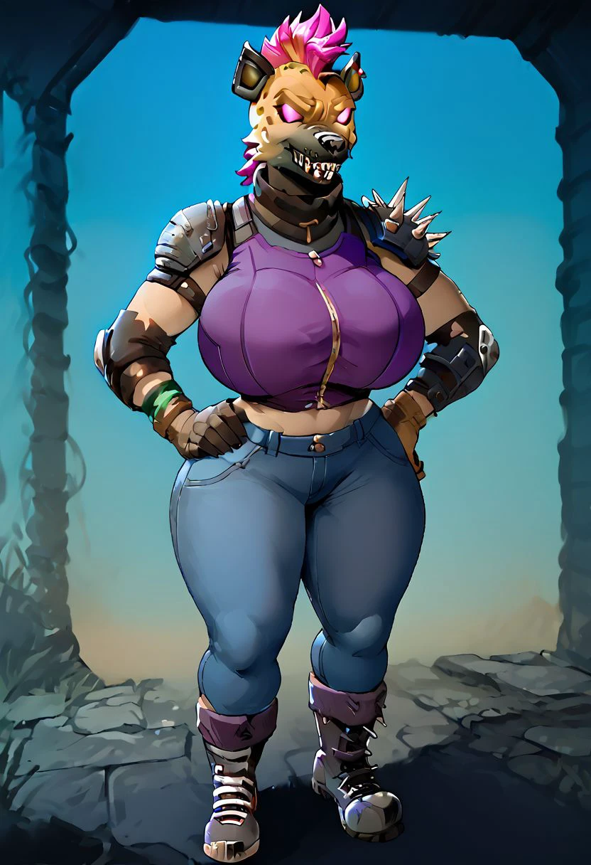 by darkgem, by duase, by boosterpang, by kevinsano, by bng, solo, 1girl, undyne, blue skin, red hair, huge teeth, yellow teeth, laughing, black eye patch, female, older woman, smooth body, chubby, broad shoulders, wide body, wide hips, thick thighs, big arms, heavy breasts, nipple outline, highly detailed eye, milf, tank top, (bare midriff:1.3), cleavage, large areolae, denim cutoffs, visible thong straps, bare feet, Masterpiece, best quality, absurd res, highly detailed, cleanly drawn eyes, park environment, standing upright, big bottom lip, black lipstick, walking towards viewer,