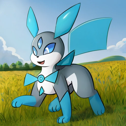 <lora:Nucleon MERGER A:0.7>,nucleon \(fakemon\),third eye,Blue ears,Blue tail,Blue paws,3 toes,grey body,nuclear symbol on chest,feral,blue eyes,
Front view,running,field,
Happy,