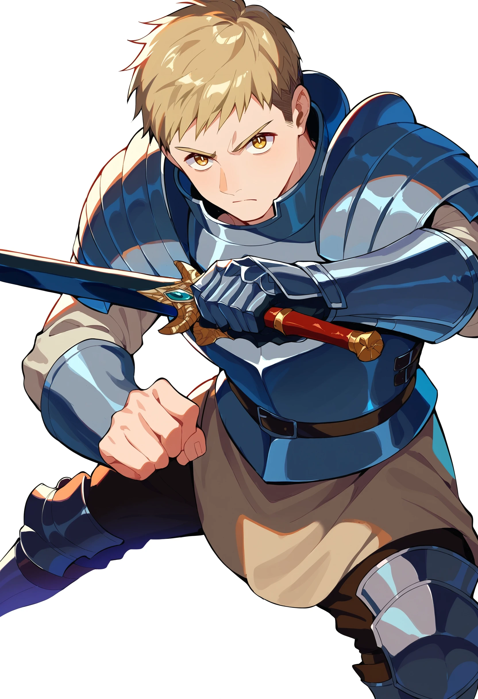 score_9,score_8_up,score_7_up,score_6_up, source_anime,
laios thorden, 1boy, weapon, male focus, armor, sword, solo, holding, holding weapon, holding sword, white background, shoulder armor, dungeon meshi, simple background, pauldrons, looking at viewer, yellow eyes, plate armor, closed mouth, fighting stance, serious, gauntlets, vambraces,
masterpiece, best quality, very aesthetic, absurdres
<lora:dungeon_meshi_collection_v23:1>