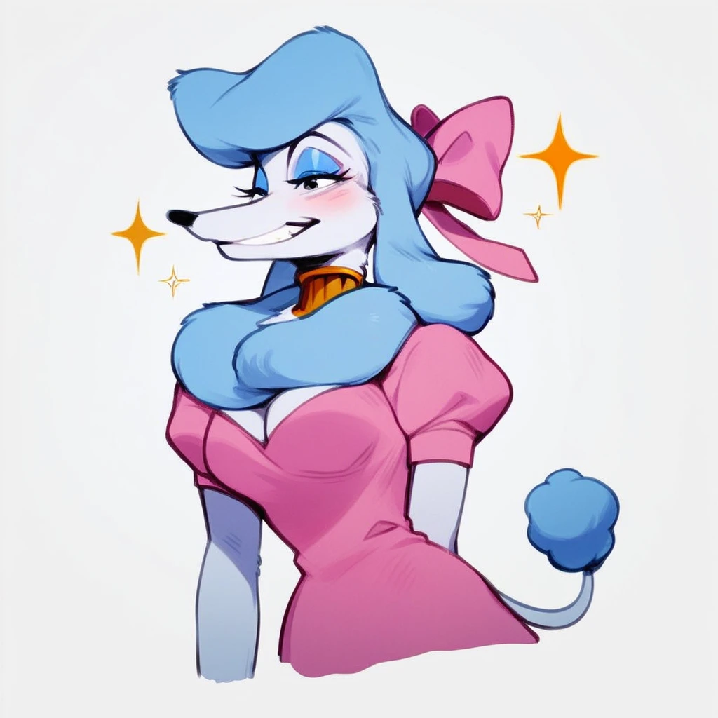 score_9,score_8,score_7,source_furry,georgette_oliver, georgette_poodle, 1girl, solo, breasts, furry female, tail, dress, blush, furry, blue hair, cleavage, smile, makeup, white background, bow, eyeshadow, genderswap, blue eyes, animal ears, hair bow, simple background, cropped legs, puffy sleeves, pink dress, short sleeves, short dress, sparkle, body fur, blue eyeshadow, large breasts, poodle_girl, anthro, sfw, safe