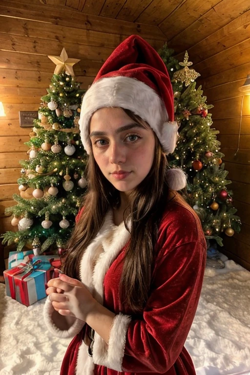 ((masterpiece)), best quality instagram photo of a girl, solo, (night:1.4), dressed up as santa, santa hat, ((a christmas tree)), christmas, snowy weather, in a cabin,chimey, (warm light:1.4), golden hour light <lora:angelarochistav1:0.6> angelarochistav1