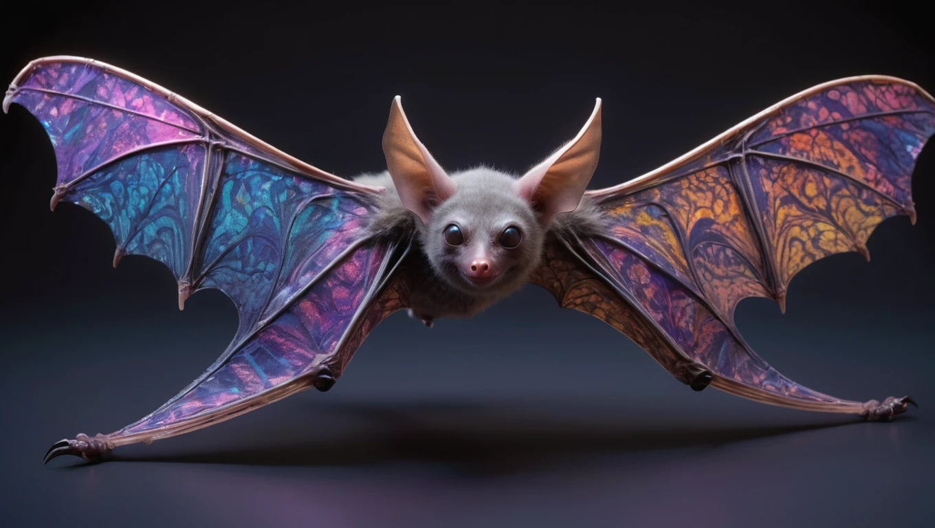 <lora:artfullySGLIDER_SDXL_V1-00002:1>, Skybound Glider: A small, bat-like mammal with membranous wings that are semi-transparent and adorned with vibrant patterns. Its body is covered in soft, iridescent fur that changes color with its emotions. It emits a melodic call that resonates through the alien forests.