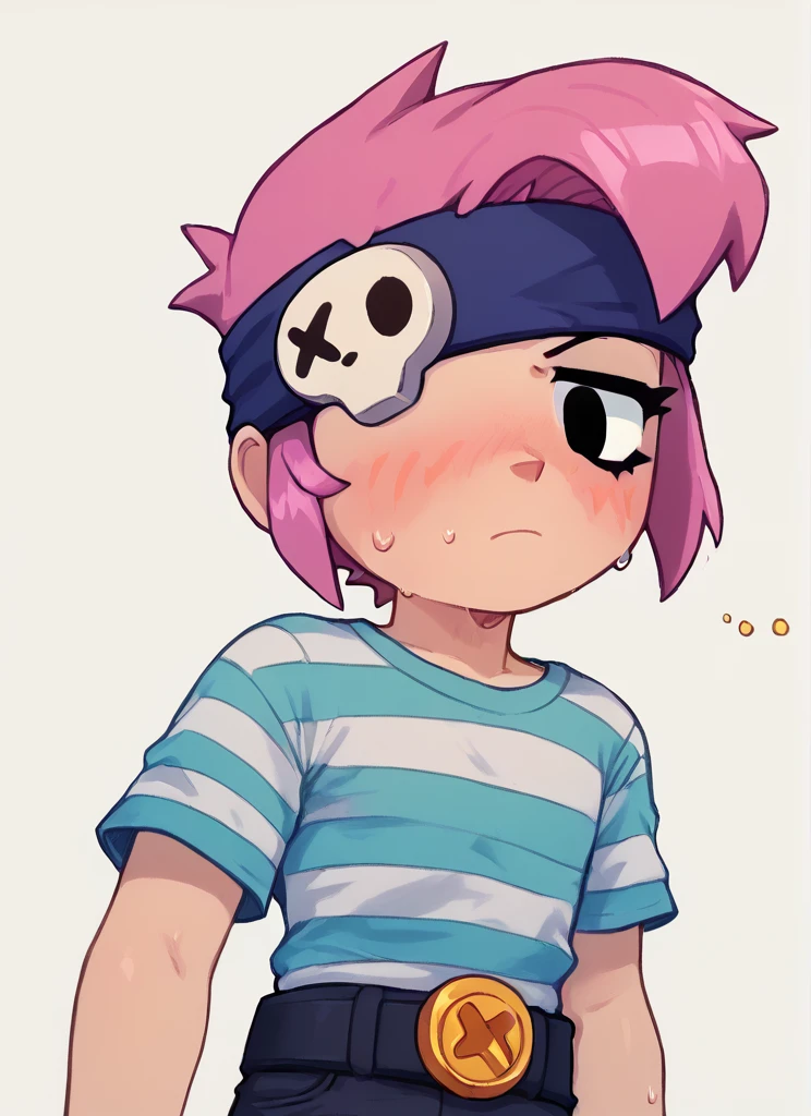 score_9, score_8_up, score_7_up,   <lora:bspenny:1> bspenny ,1girl , pink hair , short hair, black eye ,   bandana,  one eye covered ,  l  ,hairband  , eyepatch,  , striped shirt, belt,black pants ,blush,  <lora:PossumMachine:1>posmach ,sweat, solo