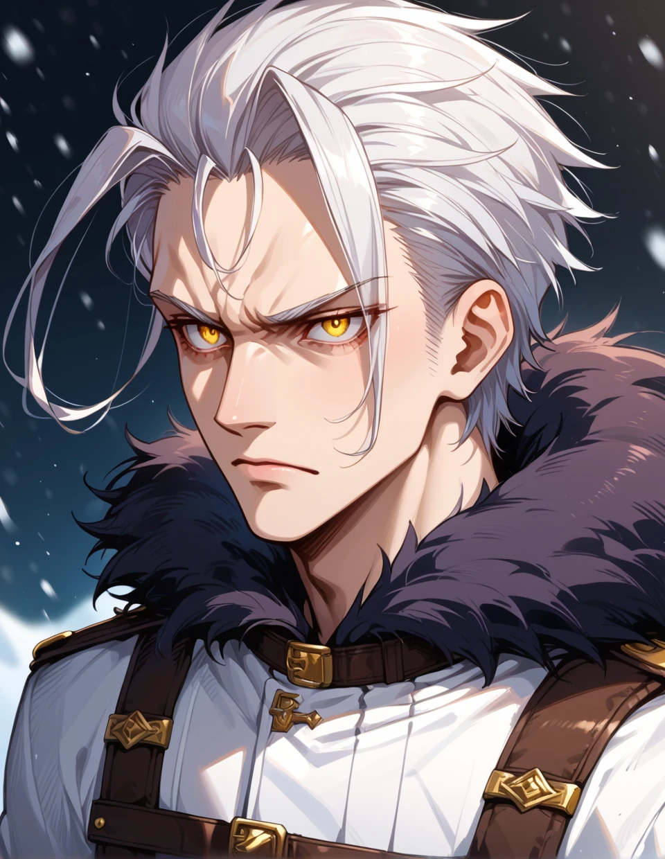 score_9, score_8_up, score_7_up, score_6_up, score_5_up, score_4_up, 1man, adult, serious face, Orsted, white hair, yellow eyes, jacket, boots, walking in a snowy pass, very detailed, detailed eyes, perfect eyes, long squared face, (((portrait))), fur trim, upper body, depth of field, scales on the side of the head, <lora:OrstedXL-Pony:1>, <lora:Sinozick_Style_XL_Pony:0.2>, <lora:DefaultZ17:0.2>, <lora:style1:0.2>, <lora:flyx3_XL_PONY:0.2>, <lora:pixivtext2:0.2>, <lora:K3R4X_Portraits:0.45>,