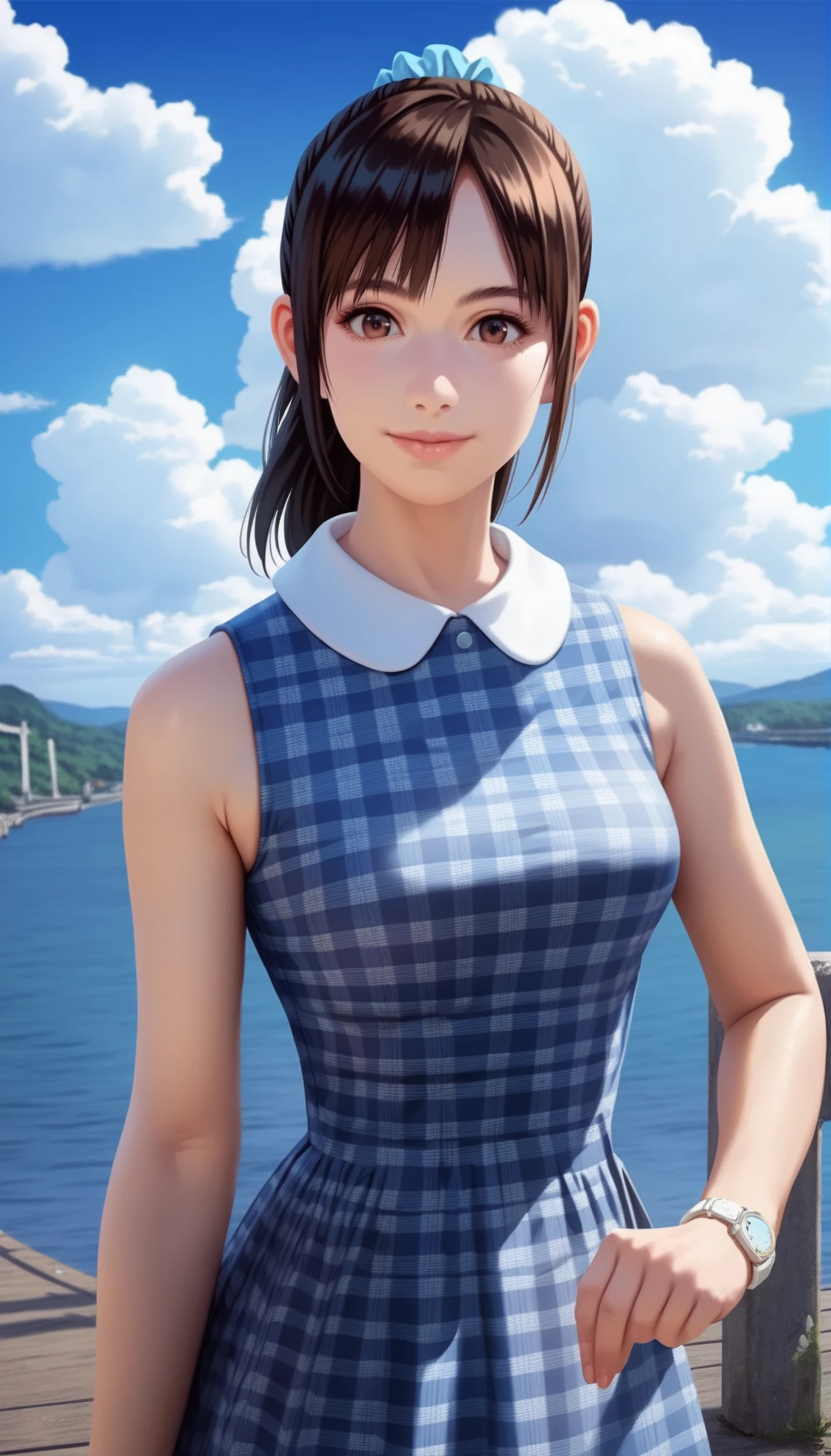 score_9,score_8_up,score_7_up,
<lora:miiyamotoHikari:0.8>,miiyamotohikari,
1girl,solo,black hair,ponytail,bangs,blue scrunchie,brown eyes,sleeveless blue plaid dress,white collar,white wristwatch,looking at viewer,medium breasts,portrait,smile,
outdoors,blue sky,sea,cloud,street,railings,distant large bridge,distant mountains,clear blue sky,soft clouds drifting,summer,beautiful landscape,vignetting,blurry background,