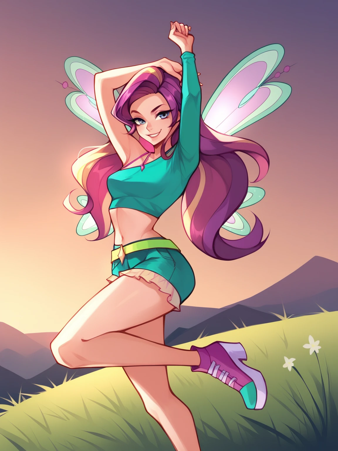 score_9, score_8_up, score_7_up, BREAK,  Roxy, 1girl, solo, long purple hair, green shirt with one with one sleeve, pink and green wings, green shorts, yellow belt, shoes, shimmering, sunrise, green grass, hands above head, smirk, kiss  <lora:RoxyWinx:1>