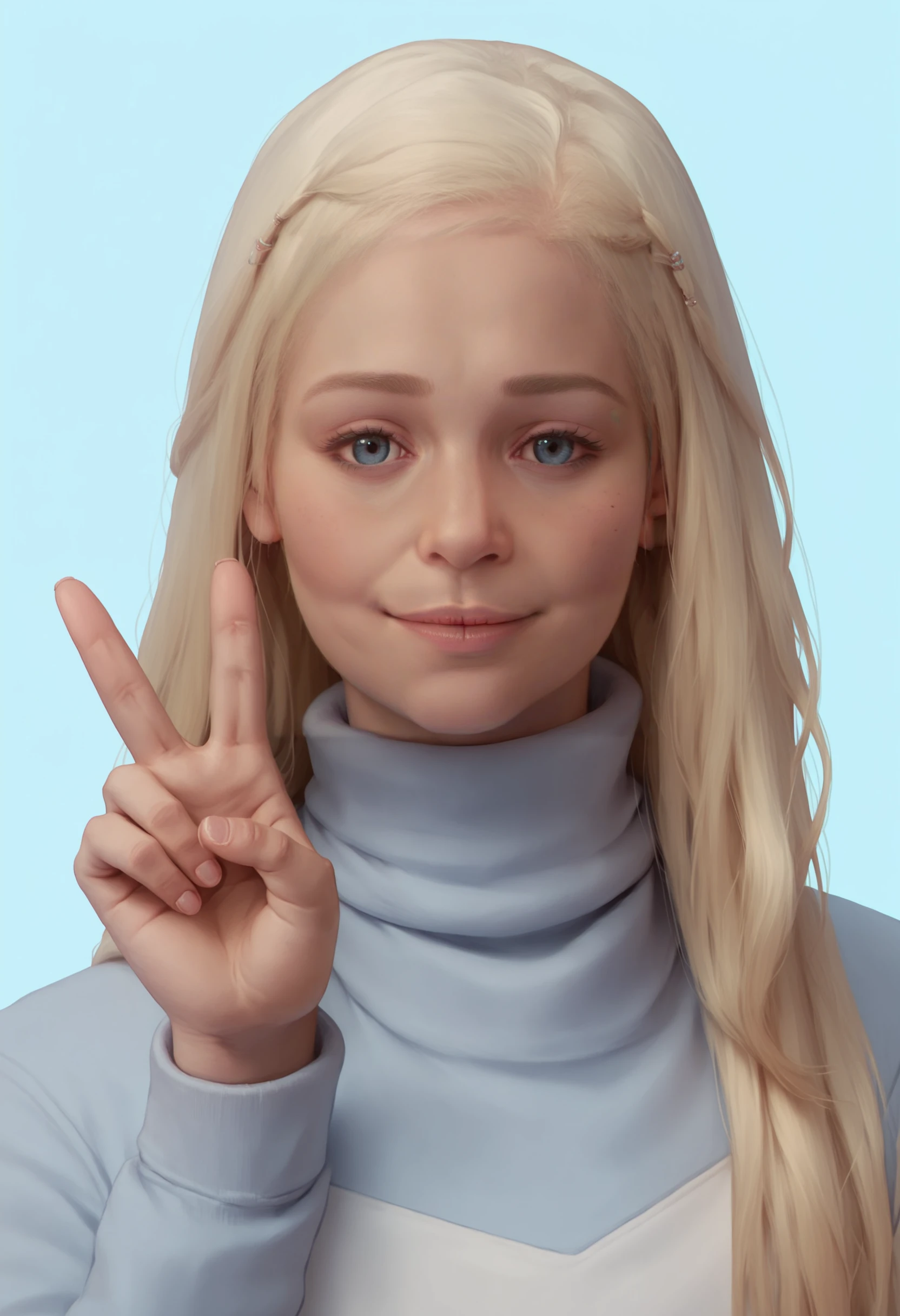 score_9, score_8_up, score_7_up, score_6_up, score_5_up, score_4_up, 1girl, <lora:DaenerysTargaryen:0.85> , solo, long hair, blonde hair, blue eyes, wearing white turtleneck, smile, looking at viewer, v sign,
light blue background, simple background, realistic,