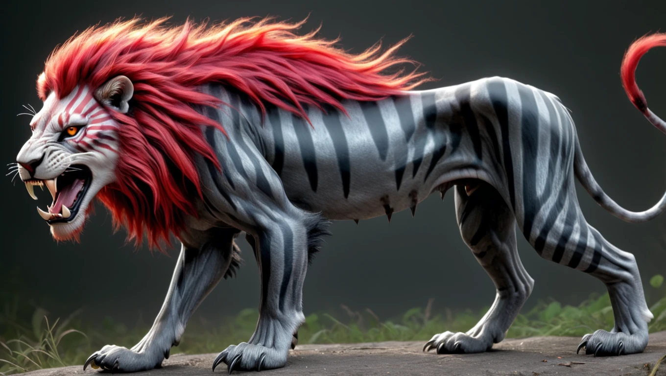 <lora:artfullyCSTALK_SDXL_V1:1.0>, Crimson Mane Stalker: A predator with a lion's build, sporting a striking red mane that flows like fire. Its fur is dark gray with silver stripes that catch the moonlight. The creature's teeth are long and sharp, glinting with a metallic sheen, 4 paws, hyperrealism