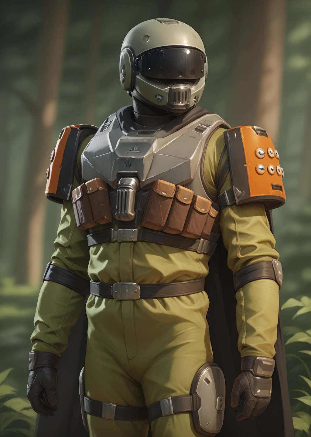 <lora:SC-37_Legionnaire_from_Helldivers_2_Pony-000003:0.6>, realistic, masterpiece, standing, forest background,
solo, male, helmet, armor, gloves, olive bodysuit, orange ornament, shoulder armor, faceless, grey helmet, black visor, cape,, BREAK score_9, score_8_up, score_7_up, score_6_up, score_5_up,