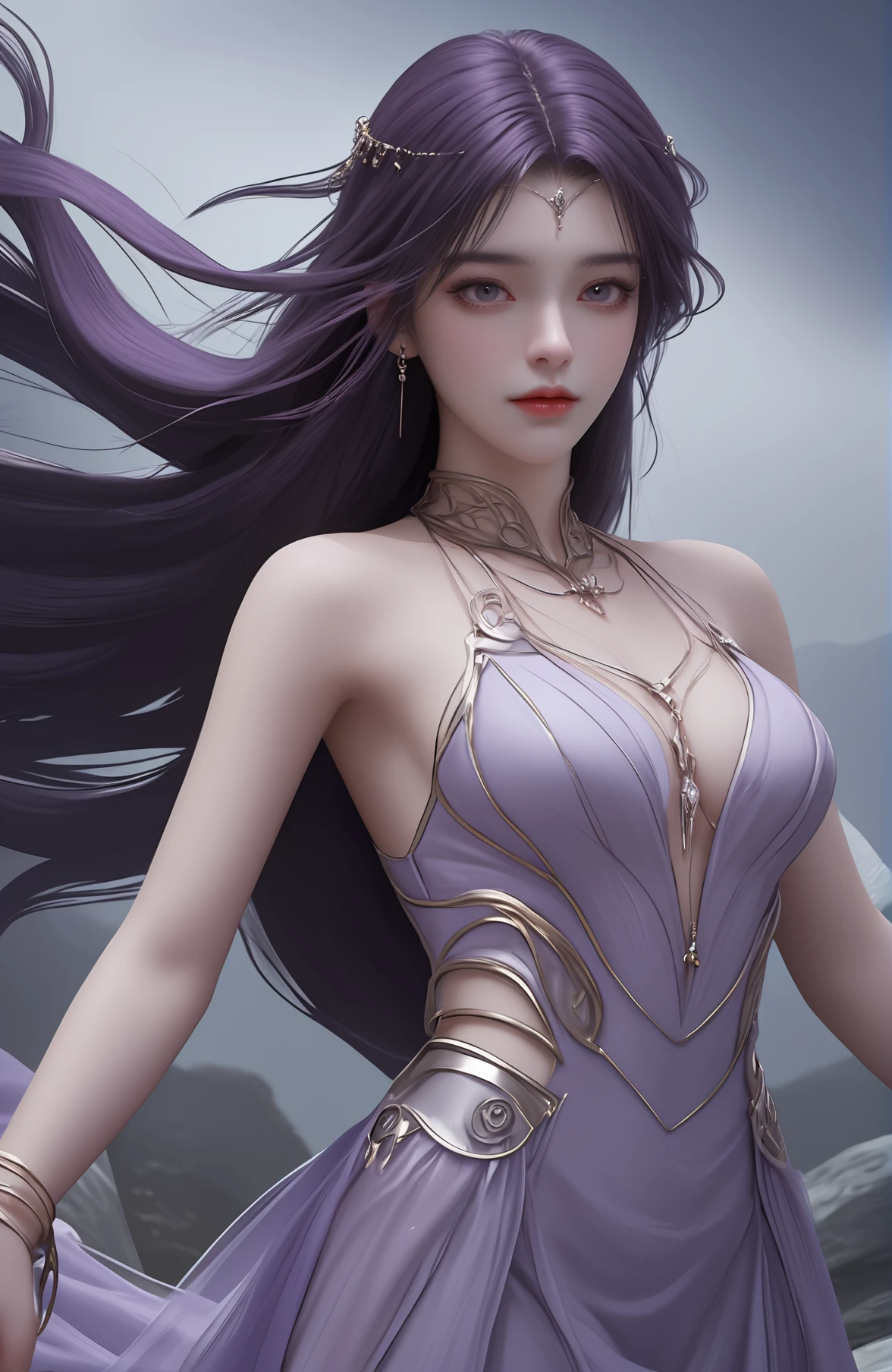 cowboy_shot,portrait,eye-contact,looking_at_viewer,seductive_smile,ultra realisticmasterpiece,best quality,1girl,long hair,jewelry,purple hair,purple dress,bare shoulders,cowboy shot,dynamic pose,dynamic angle,<lora:yunxi_V1-000001:1>,