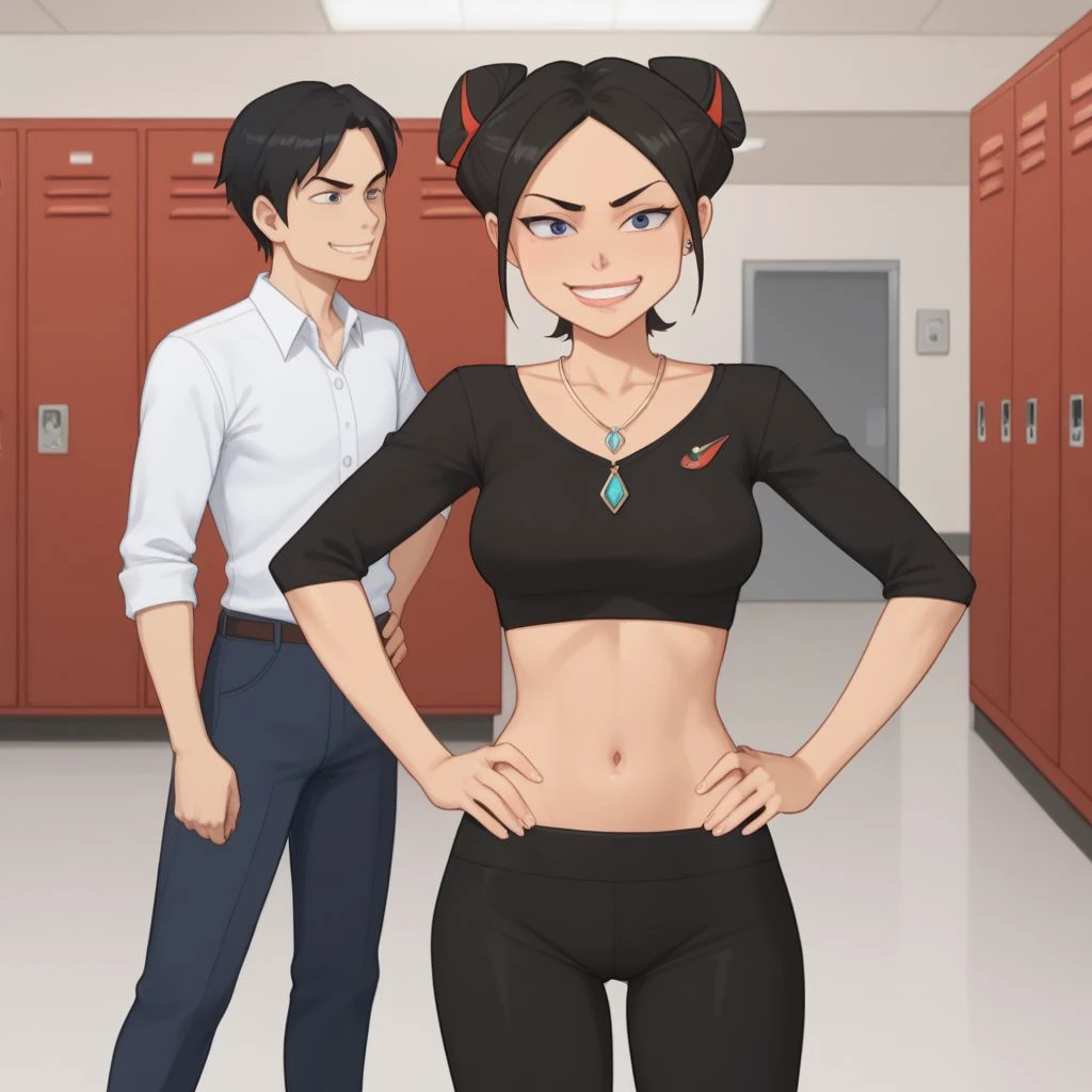 score_9, score_8, score_9, BREAK, maria, black hair, short hair, necklace, double bun, navel, midriff, smirk, lockers, hands on hips,