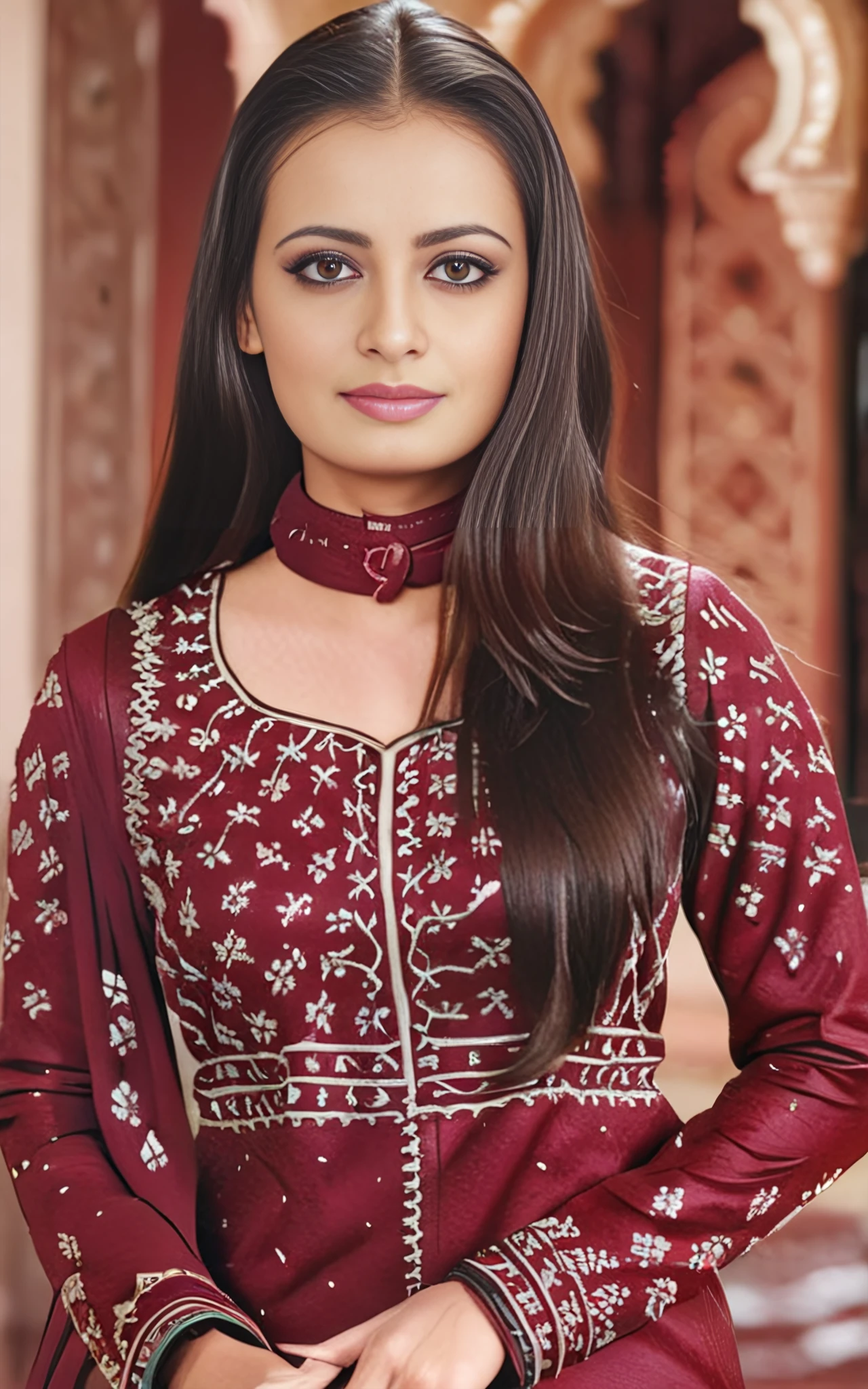 full body photo of dia mirza woman, solo, wearing conservative intricate Crimson colored clothing, tightly tied hair, serious look, looking at the camera, background bokeh  <lora:Dia_Mirza_SDXL_LoRA_adafactor:1>