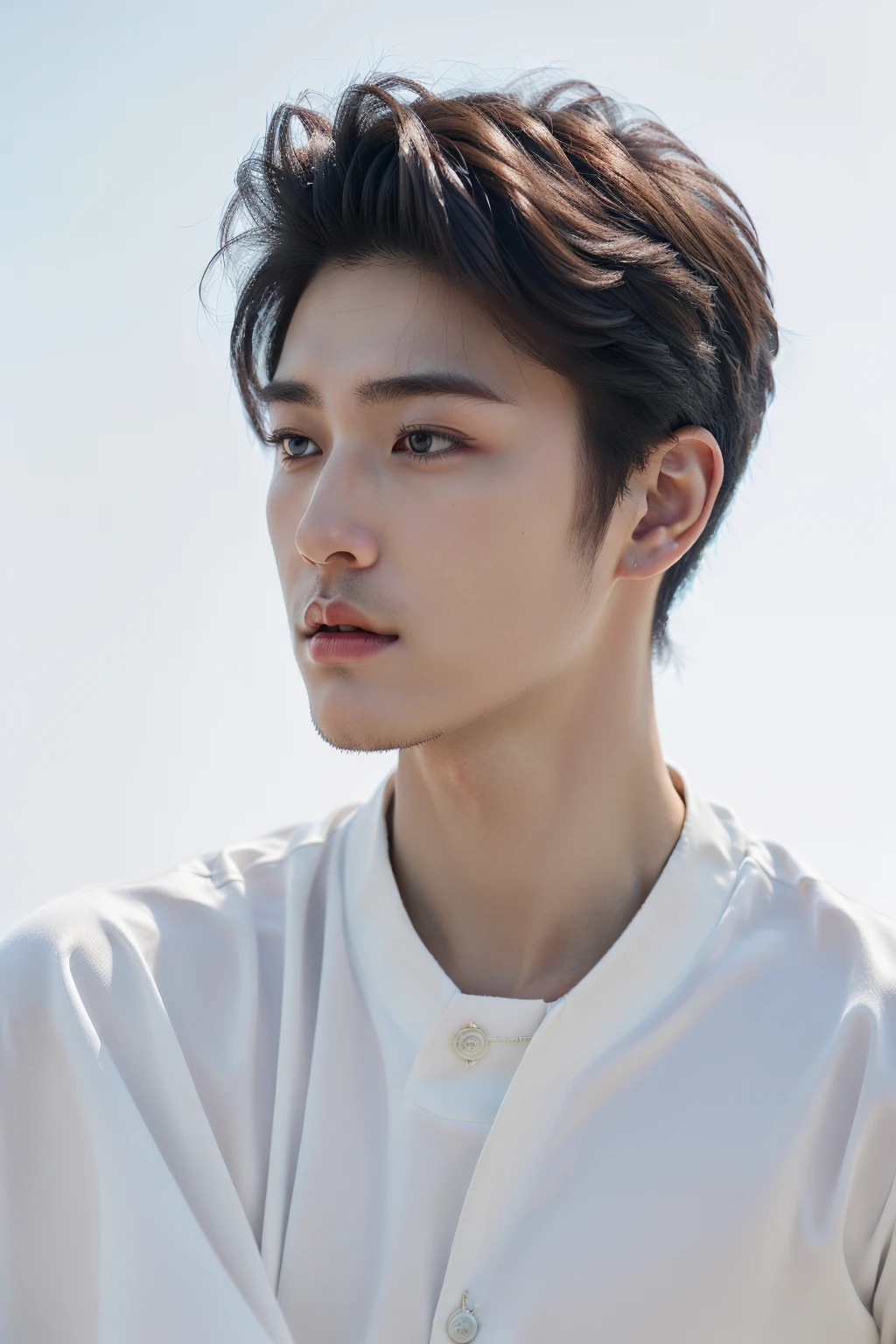 (1 male, 27-years-old male, real skin texture, detailed skin texture, best quality, masterpiece, ultra-detailed, high quality photography, photo realistic), (((random fashion stylish pose, looking away, ))), solo, slim Asian male, handsome detailed face, Highly Detailed Hands, ((random fashion outfit, Faux Hawk, Wince)), <lora:add_detail:1>, white_background, <lora:zoom_slider_v1:-7>