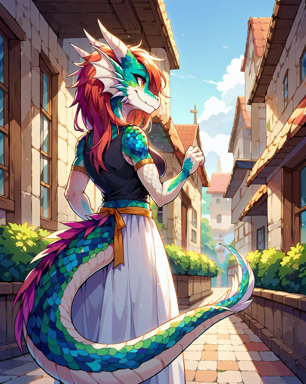 score 9, score 8 up, 1girl, masterpiece, <lora:MegaScalyPony:1>, MegaScalyPony, scales, , scalie, anthro dragon, clothes, outdoors