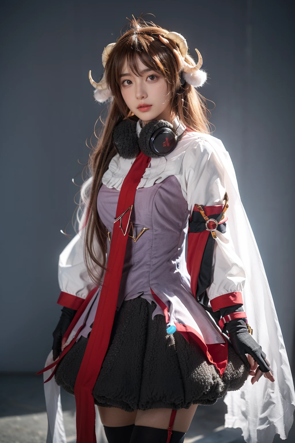 best quality,masterpiece,realistic,photorealistic,1girl,solo,expressionless,looking at viewer,standing,cowboy shot,eyjafjalla cosplay costume,eyjafjalla,arknights,cosplay,brown hair,long hair,animal ears,horns,sheep horns,dress,white cape,gloves,headphones around neck,ribbon,thighhighs,simple grey background,<lora:Arknights_Eyjafjalla_cosplay_v1:0.7>,