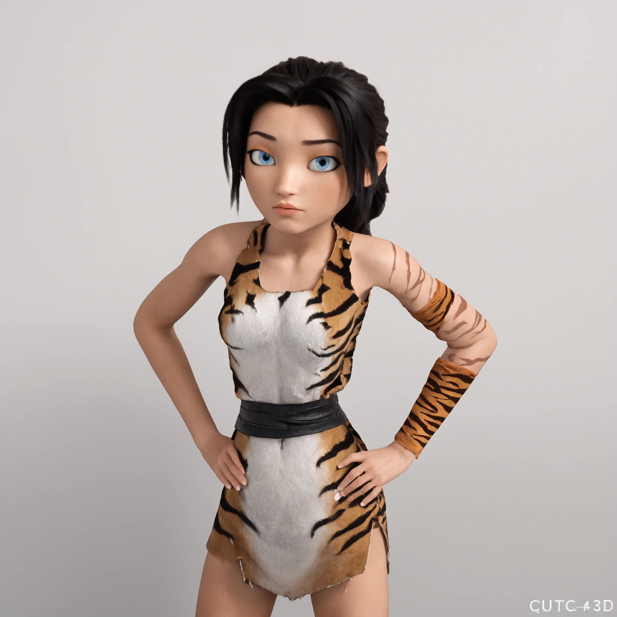 1girl, 3d. black hair, blue eyes, tiger print on left arm