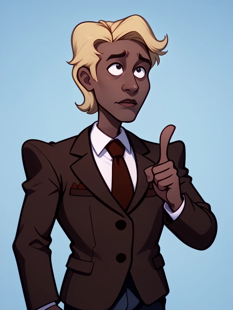 <lora:Jonathan_Kraskell_-_Rugrats_1992-10:1>1boy, blonde hair, red tie, green double button suit jacket, white shirt, shoulder pads, male focus, formal, suit, solo, necktie, parody, pants, brown footwear, shirt, jacket, dark skin, dark-skinned male, facing viewer, pointing up, portrait, lowered eyelids, source_cartoon, score_9, score_8_up, score_7_up,