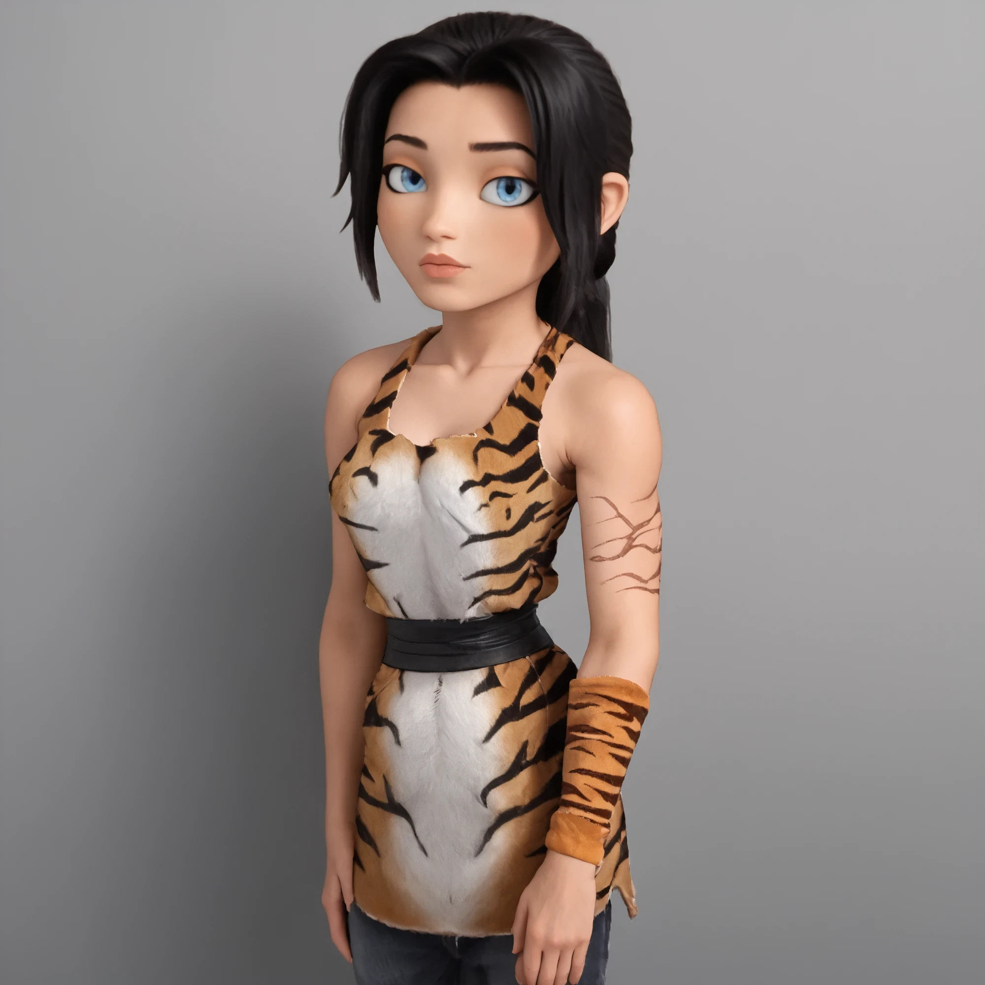 1girl, 3d. black hair, blue eyes, tiger print on left arm