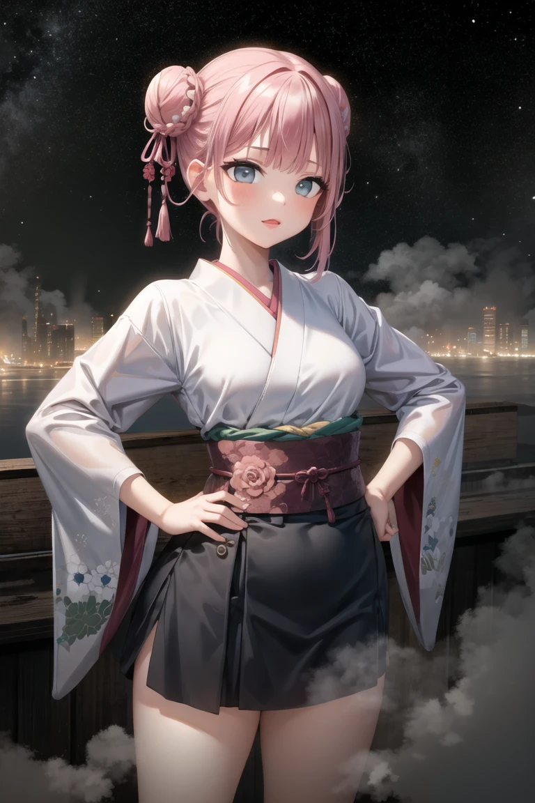 (masterpiece, best quality:1.2), 1girl, solo, cowboy shot,
on top of a building, at night, (heavy fog:1.3) and bright stars,
wearing a kimono,  hands on hips, 
lipstick, eyeshadow, (short hair:1.1), (double bun hair:1.1), (oily skin:1.1), 
<lora:uzunoki_tamaki-10:0.7:lbw=ALL>