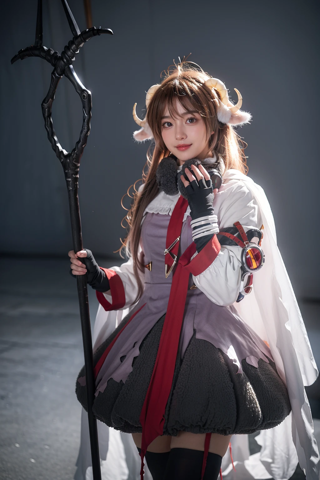 best quality,masterpiece,realistic,photorealistic,1girl,solo,smile,looking at viewer,standing,cowboy shot,eyjafjalla cosplay costume,eyjafjalla,arknights,cosplay,brown hair,long hair,animal ears,horns,sheep horns,dress,white cape,gloves,headphones around neck,ribbon,thighhighs,simple grey background,holding staff,<lora:Arknights_Eyjafjalla_cosplay_v1:0.7>,