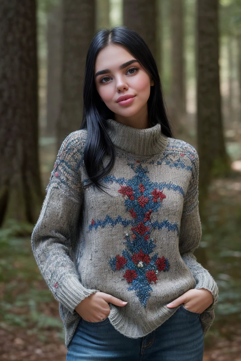 photo of S453_VeniceLei,a stylish woman,in a (forest:1.1),wearing a (sweater),(jeans),(4k, RAW photo, best quality, 50mm, depth of field, ultra high res:1.1),(intricate, photorealistic, cinematic-shot, masterpiece, ultra-detailed:1.1),