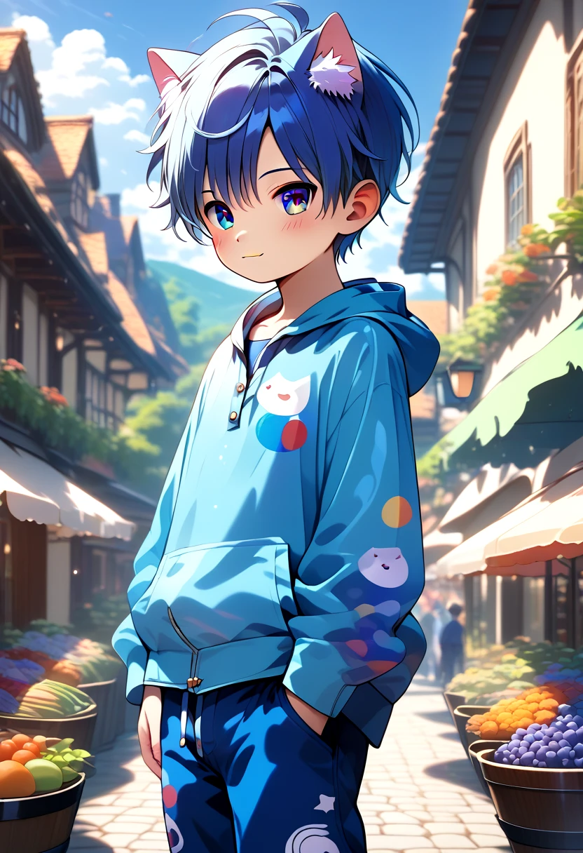 score_9, score_8_up, score_7_up, rating_safe, BREAK
straight on shot, standing,detailed eyes, village,
<lora:cutifiedanimecharacterdesign_variant_type_G_PonyXL_v10:1>, 1boy, type-g,  cat boy, blue hair,   long pants