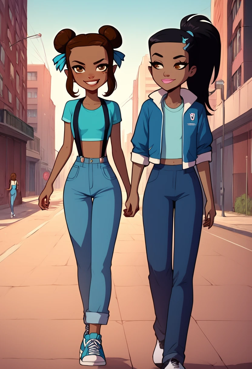 eloise_riffler, brown hair, dark skin, brown eyes, suspenders, double bun,blue midriff, blue pants,blue shirt,long pants, middle of street, walking, looking at viewer, smirk,hair ribbon, narrow waist, blue sneakers, <lora:Eloise-08:0.6>
BREAK
samirafc, brown eyes, black hair,black hair,blue jacket,hairclip, midriff, blue shirt, blue pants, pink lips,ponytail, medium breast,walking, smirk,soccer ball, long pants, sleeves rolled up, <lora:Samira-08:0.6>