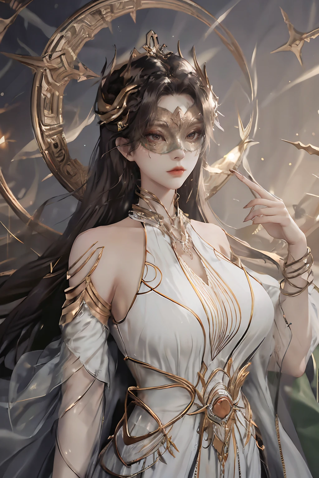 <lora:RuthlessEmperor:1>,henrendadi,1girl,solo,long hair,mask,upper body,white dress,black hair,looking at viewer,dress,detached sleeves,bare shoulders,jewelry,halo,breasts,hair ornament,