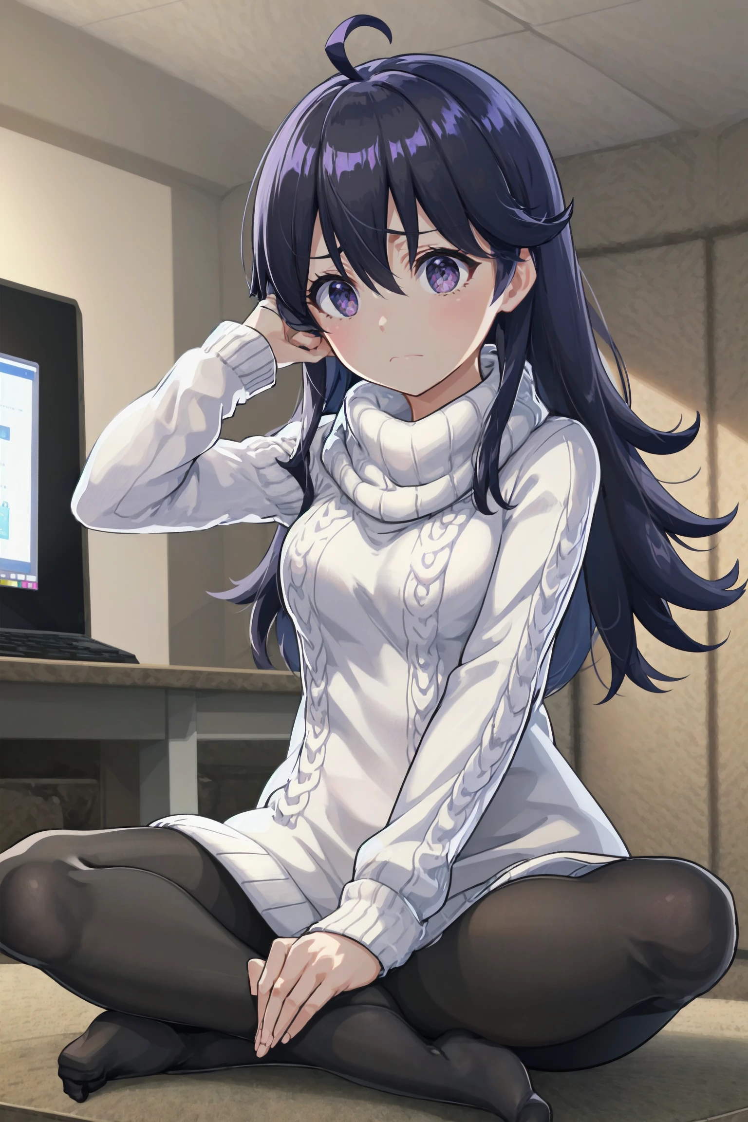 absurdres, high detail, 4k, indoors, pc, multiple monitors, laptop,
sitting, indian style, adjusting hair, tray, drink glass, hand on own head, frown,
kamisaman, aran sweater, cable knit, long sleeves, white sweater, sweater dress, black pantyhose, no shoes
<lora:MGCM-kamisaman-t1:0.9>