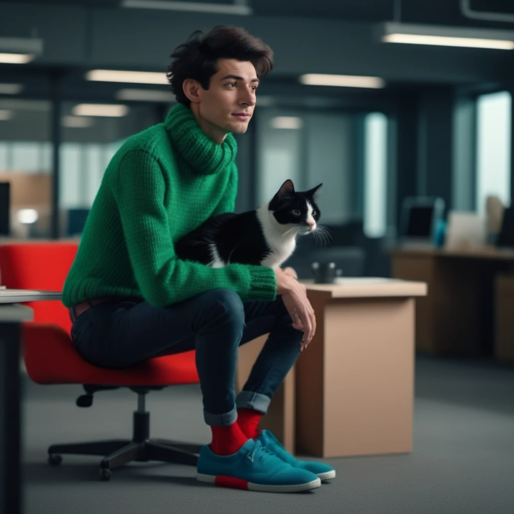 cinematic photo a skinny man, big head,  black messy hair, green turtleneck sweater, denim pants, blue shoes, red socks, with a black and white cat, a seagull on the shoulder,  in a office  <lora:Gaston1024-000330:0.8> . 35mm photograph, film, bokeh, professional, 4k, highly detailed