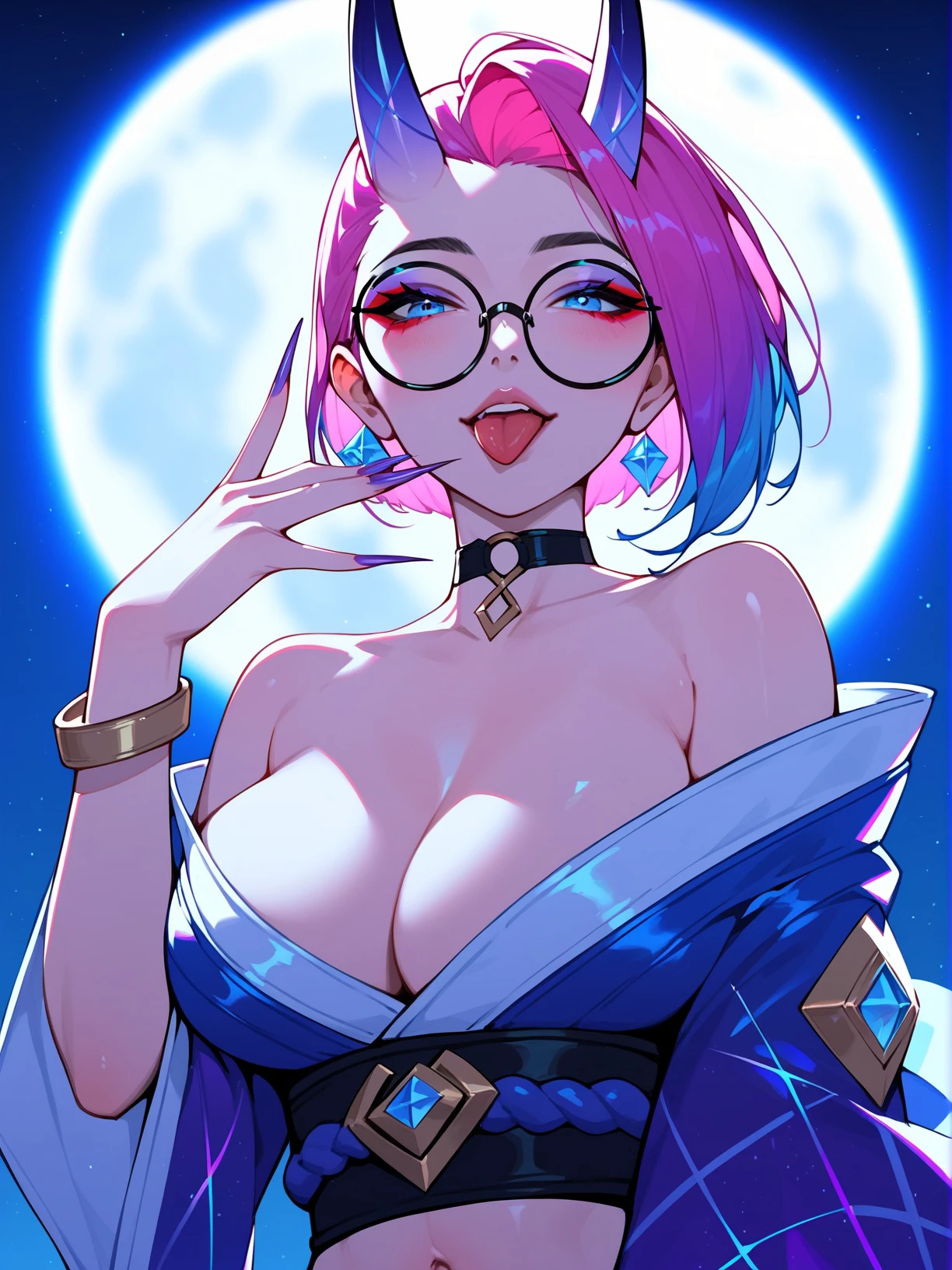 1girl,horns,solo,tongue out,navel,glasses,tongue,round eyewear,large breasts,short hair,cleavage,jewelry,looking at viewer,choker,blue eyes,bracelet,bare shoulders,moon,kimono,japanese clothes,makeup,off shoulder,purple nails,oni,fingernails,sharp fingernails,full moon,pink hair,upper body,multicolored hair,night,eyeshadow,black-framed eyewear,k/da \(league of legends\),wide sleeves,sensitive,very aesthetic,absurdres,newest,masterpiece,score_9,score_8_up,score_7_up,score_6_up,score_5_up,score_4_up,
