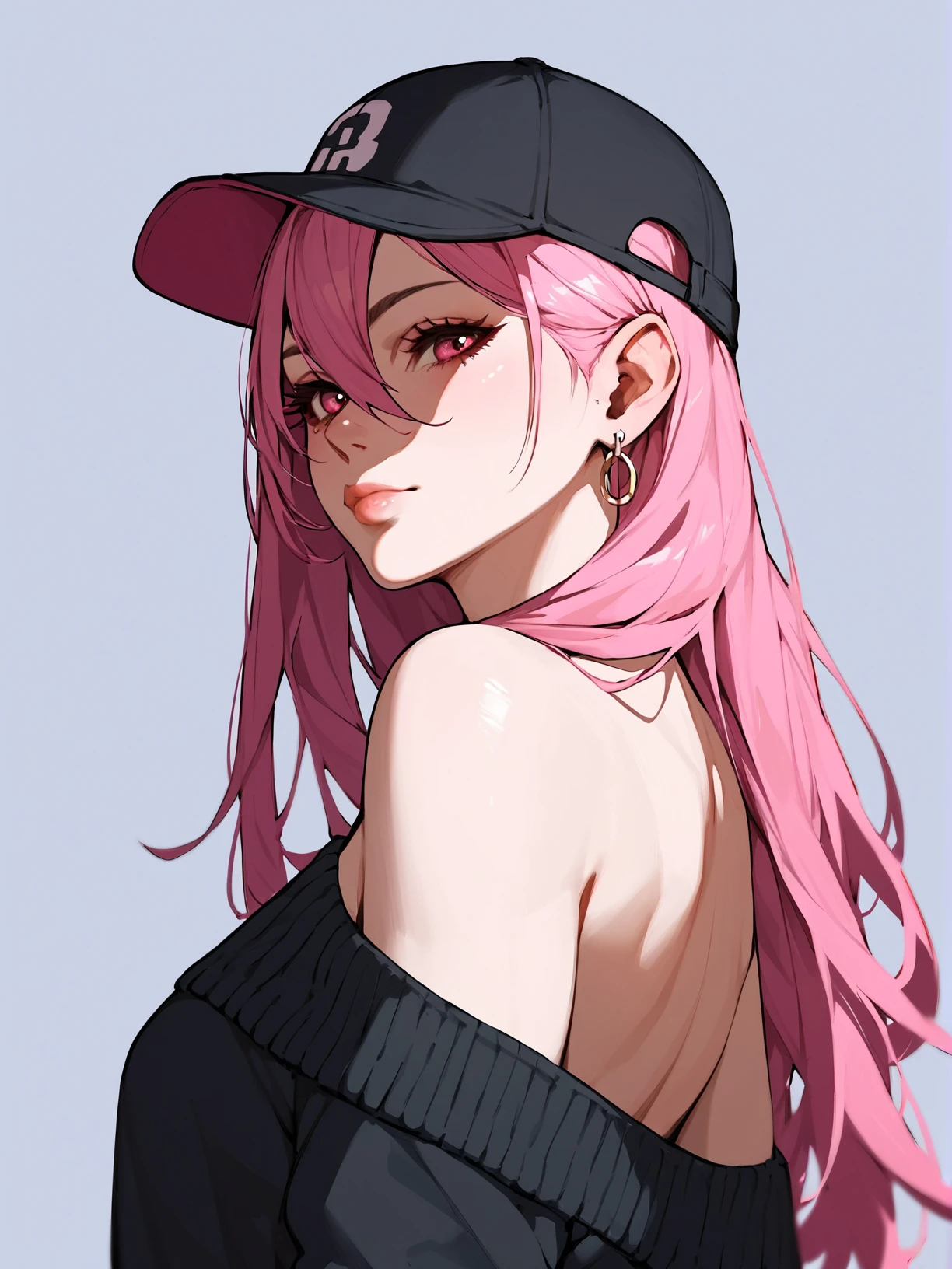 1girl, solo, long hair, looking at viewer, red eyes, hat, hair between eyes, closed mouth, jewelry, bare shoulders, upper body, pink hair, earrings, pink eyes, off shoulder, from side, lips, ear piercing, baseball cap, hair behind ear, black sweater, general,score_9,score_8_up,score_7_up,score_6_up,score_5_up,score_4_up,