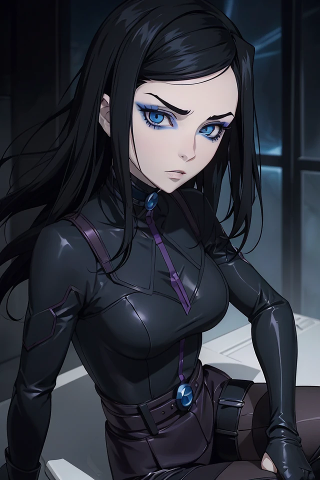 (ErgoProxy_ReLMayer), 1girl, solo, makeup, black hair, eyeshadow, long hair, blue eyes, looking at viewer, eyeliner, pale skin, eyelashes, blue eyeshadow, Thin eyebrows, side-swept bangs, cool, black tights, Purple waist bag, dark purple leather boots, close up portrait,