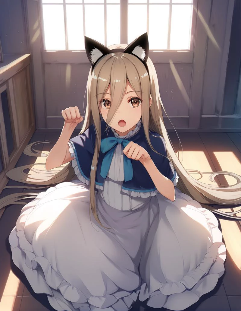 score_9, score_8_up, score_7_up,score_6_up,score_5_up,score_4_up,1girl on the floor, paw pose, fake cat ears, open mouth, castle, sunlight, window,
<lora:sody_style_pony6_v1:1> <lora:sense_sousou no frieren_PONY_last:0.6> sense \(sousou no frieren\),brown eyes,very long hair,absurdly long hair,hair between eyes,eyes visible through hair, blue capelet,frilled dress,white long dress