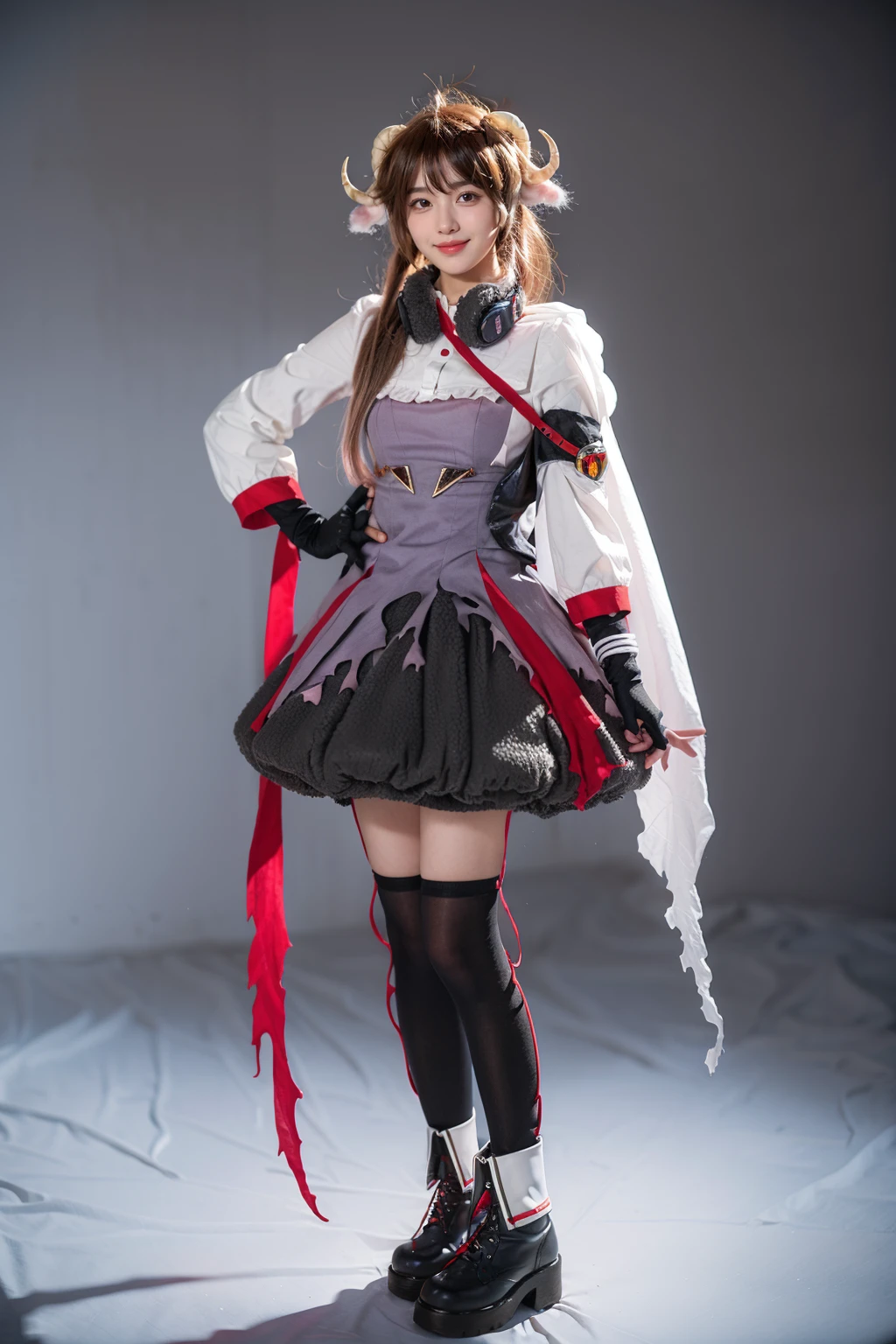 best quality,masterpiece,realistic,photorealistic,1girl,solo,smile,looking at viewer,standing,full body,eyjafjalla cosplay costume,eyjafjalla,arknights,cosplay,brown hair,long hair,animal ears,horns,sheep horns,dress,white cape,gloves,headphones around neck,ribbon,thighhighs,ankle boots,simple grey background,<lora:Arknights_Eyjafjalla_cosplay_v1:0.7>,