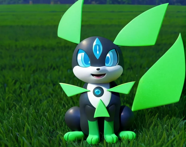 <lora:Nucleon MERGER A:0.9>,nucleon \(fakemon\),third eye,green ears,Green tail,Green paws,3 toes,black body,nuclear symbol on chest,feral,blue eyes,
Front view,Sitting,field,
Happy,3d \(artwork\),