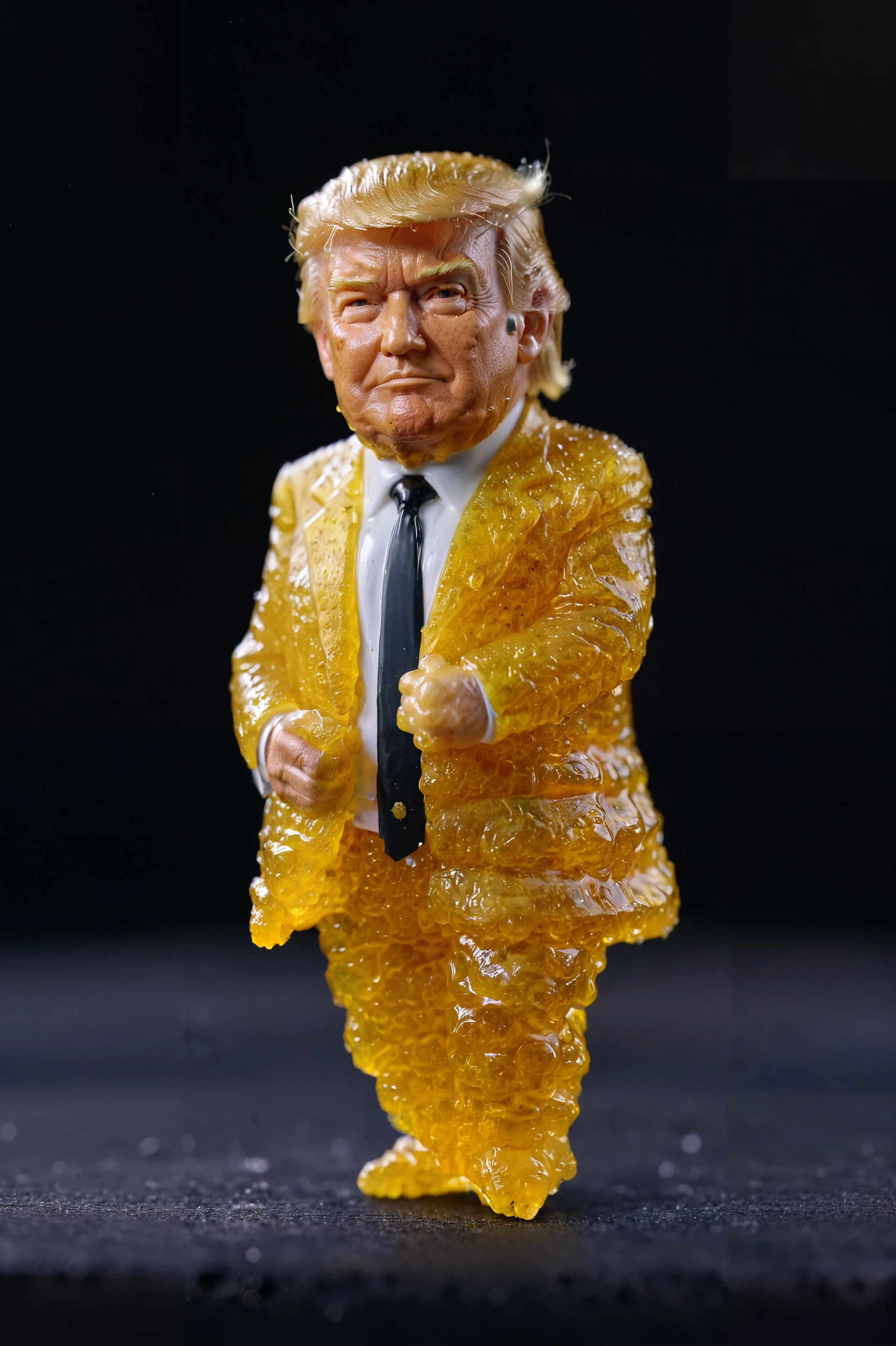 donald trump made of dabs, facing camera, black background, bokeh, embedding:ziprealism