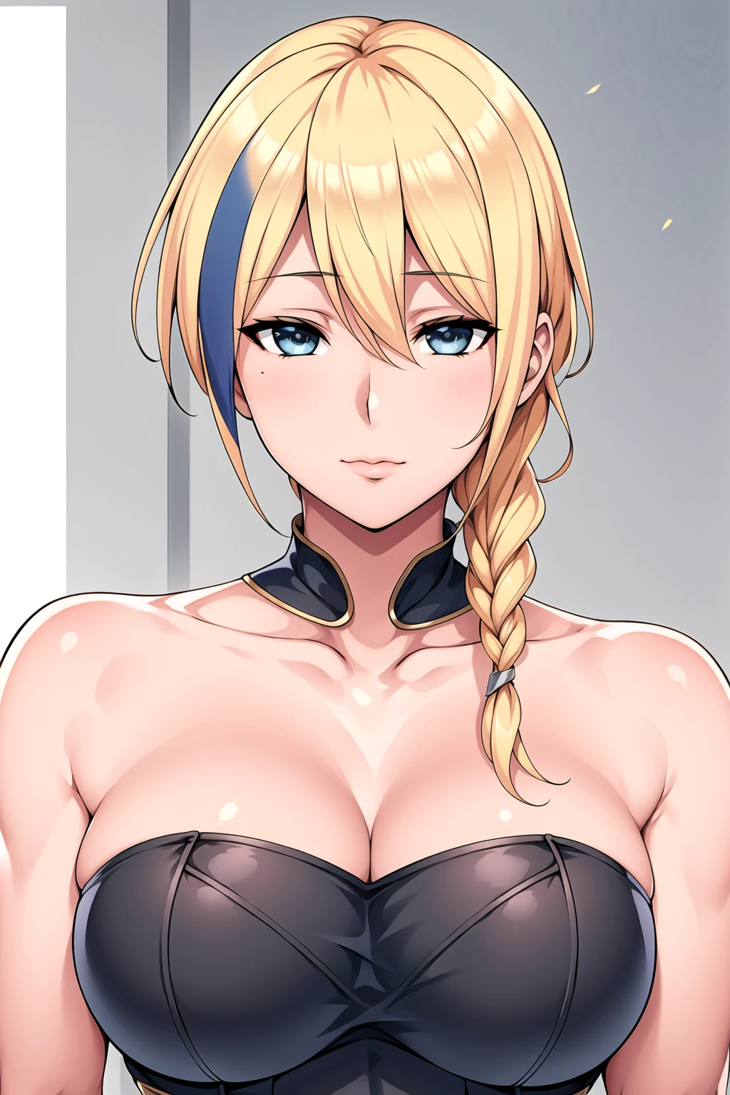 Simple White Background,
dynamic pose,standing at attention,
, strapless,bare shoulders, cleavage, collarbone,Black corset,
<lora:Claire_konosuba-KK77-V1:0.7>,
blue eyes, blonde hair,bangs,Short hair,braid, 
<lora:more_details:0.1>,<lora:Oda_Non_Style-KK77-V2:0.3>,<lora:Sexy_AIart-KK77-V1:0.3>,
1 girl, 20yo,Young female,Beautiful long legs,Beautiful body,
Beautiful Nose,Beautiful character design, perfect eyes, perfect face,expressive eyes,perfect balance,
looking at viewer,(Focus on her face),closed mouth, (innocent_big_eyes:1.0),(Light_Smile:0.3),
official art,extremely detailed CG unity 8k wallpaper, perfect lighting,Colorful, Bright_Front_face_Lighting,White skin,
(masterpiece:1.0),(best_quality:1.0), ultra high res,4K,ultra-detailed,
photography, 8K, HDR, highres, absurdres:1.2, Kodak portra 400, film grain, blurry background, bokeh:1.2, lens flare, (vibrant_color:1.2),professional photograph,
(Beautiful,large_Breasts:1.4), (beautiful_face:1.5),(narrow_waist),